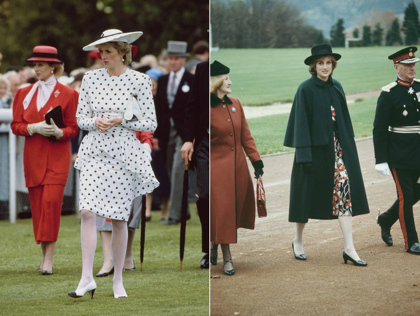 Od lewej: W 1986 r. Lady Di zdecydowała się na połączenie białej sukienki i białych czółenek w czarne kropki z białymi rajstopami. Połączenie czerni i bieli to zawsze strzał w dziesiątkę. W 1981 r. księżna Diana zestawiła czarny płaszcz z białymi rajstopami i czarnymi czółenkami. (Fot. Getty Images)