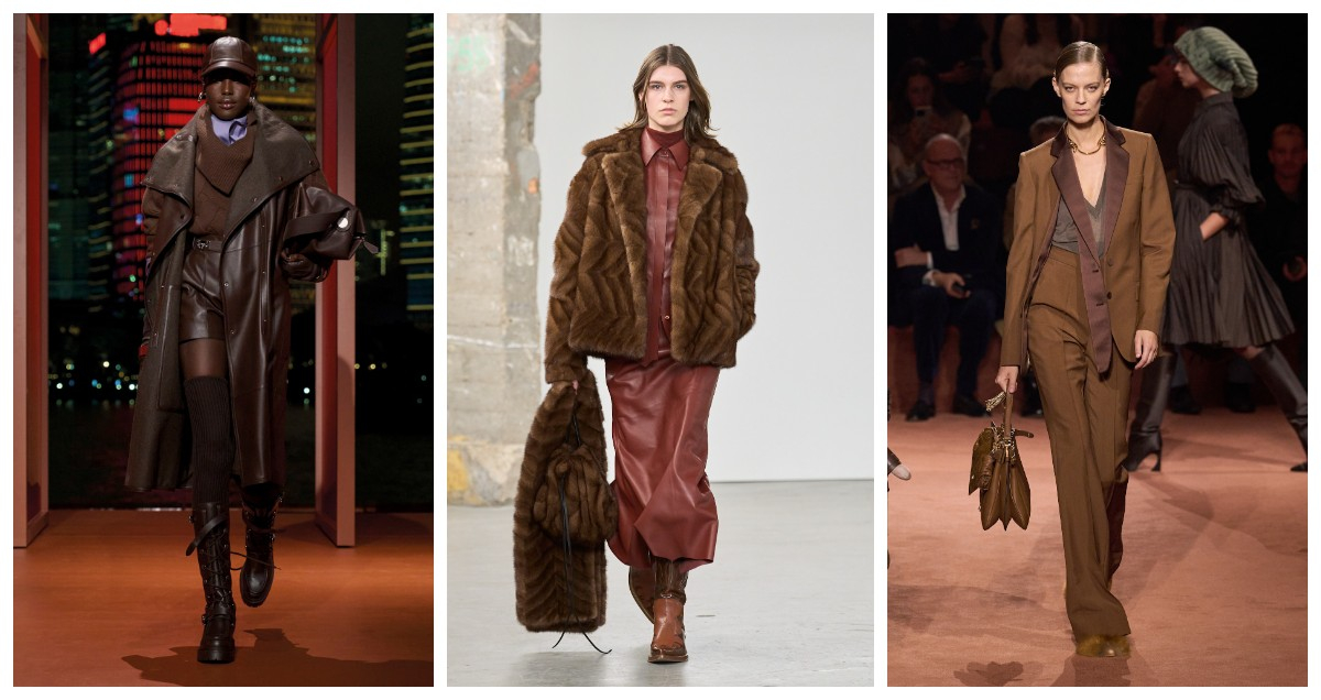 Brązowe stylizace Hermes, Gabrieli Hearst i Fendi / (Fot. Spotlight. Launchmetrics / Agencja FREE)