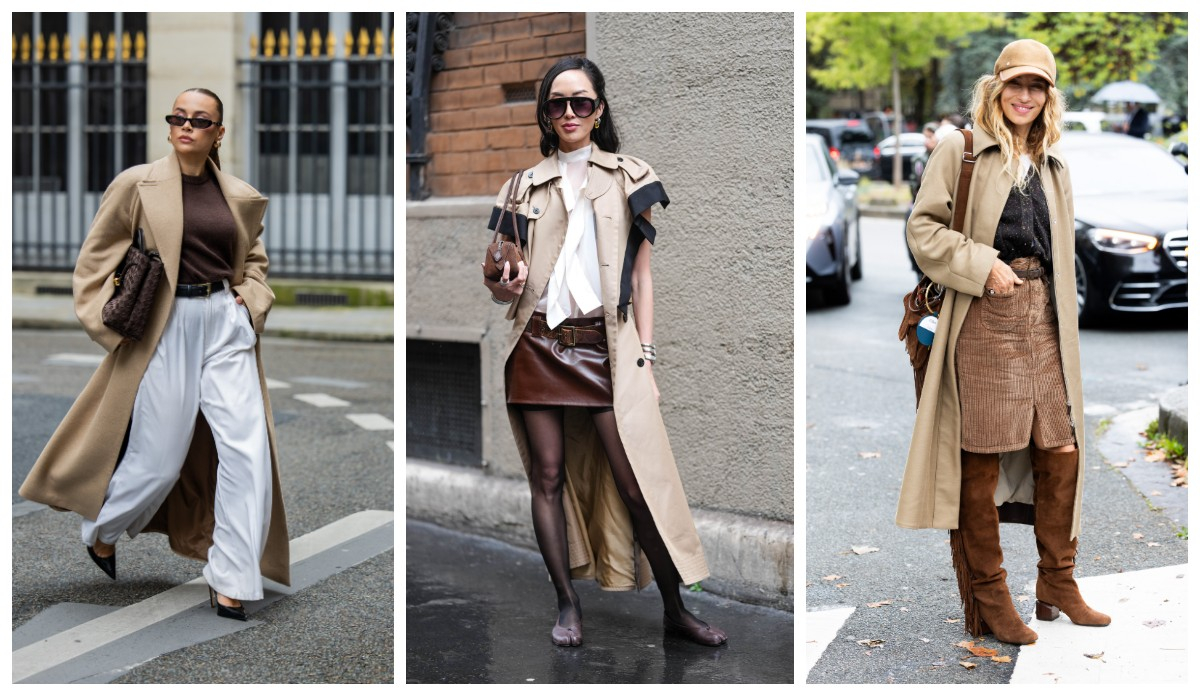 Trzy stylizacje z beżowym płaszczem, każda z innym dodatkiem – elegancko i modnie w różnych odsłonach.