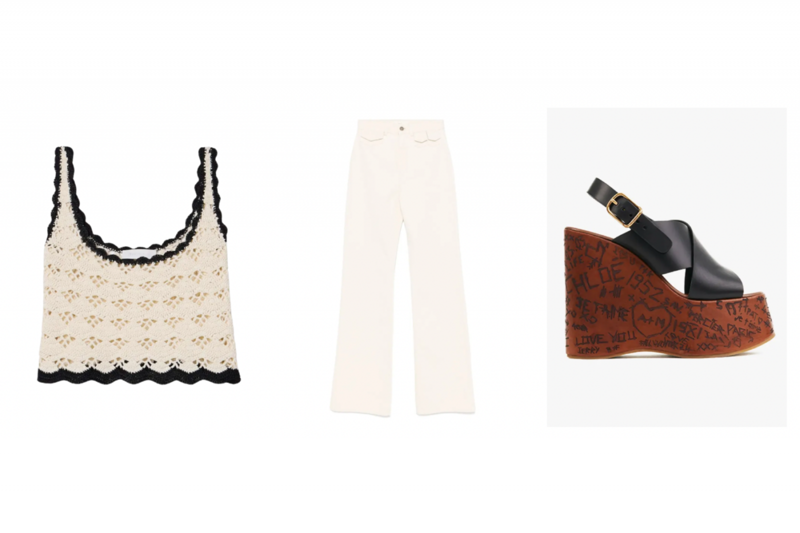 Szydełkowa bluzka boho Zimmermann, białe jeansy dzwony Chloé, koturny Chloé z graficznym wzorem.