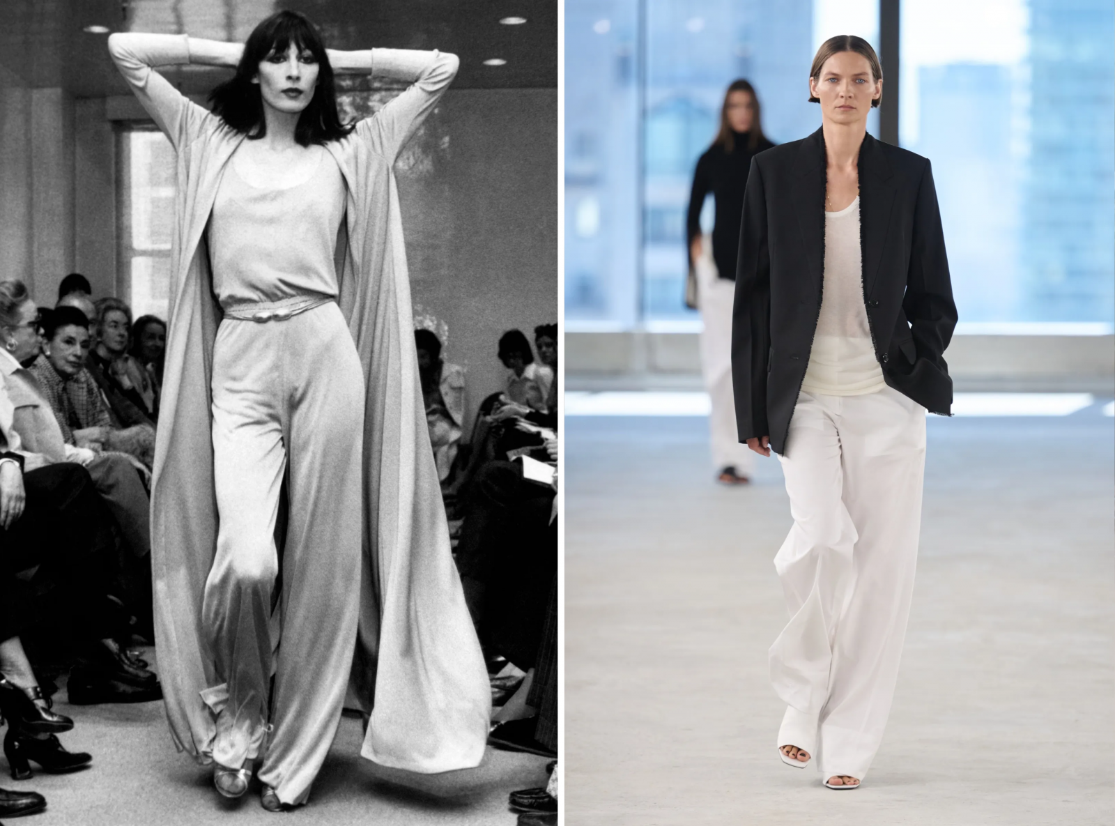 Anjelica Huston na pokazie kolekcji Halstona, Nowy Jork, 23 maja 1972 roku; pokaz kolekcji Toteme na sezon wiosna-lato 2025.