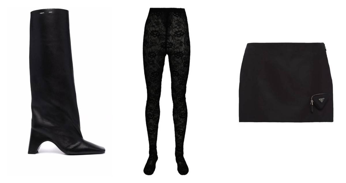 Kozaki Coperni, rajstopy Saint Laurent, spódniczka Prada / (Fot. Materiały prasowe)